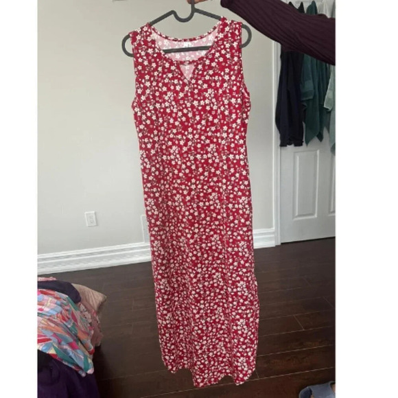 Women's Summer Red Flower Sleeveless Maxi Loose Split Dresses with Pockets - Picture 1 of 9